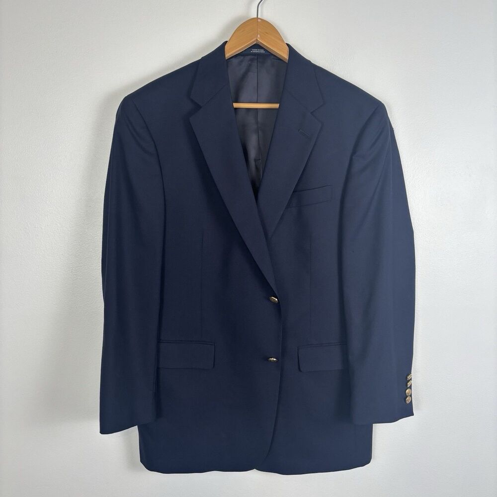 Hart Schaffner Marx Mens 43R Navy Wool Gold Button Sport Coat Blazer Jacket FLAW